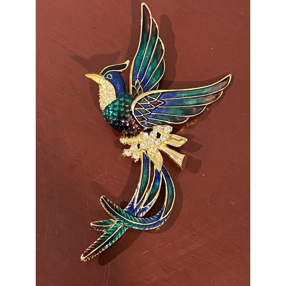 Vintage Statement Bird Brooch Clear Rhinestones Blue Green Enamel 6.25"‎ X 3.5"